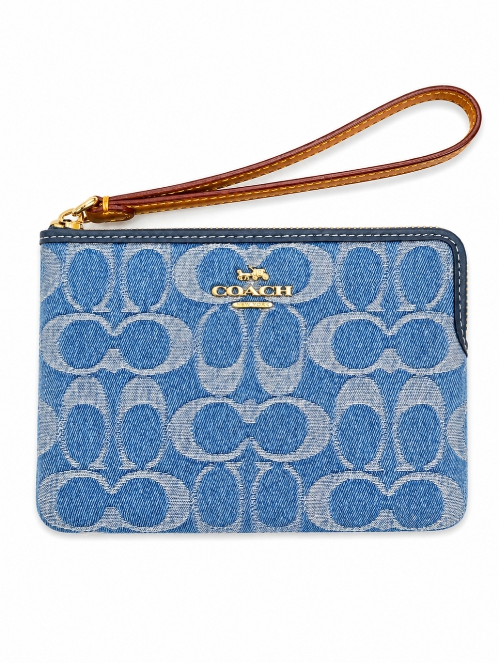 Coach Blue Denim Signature Corner Zip Wristlet nwt
